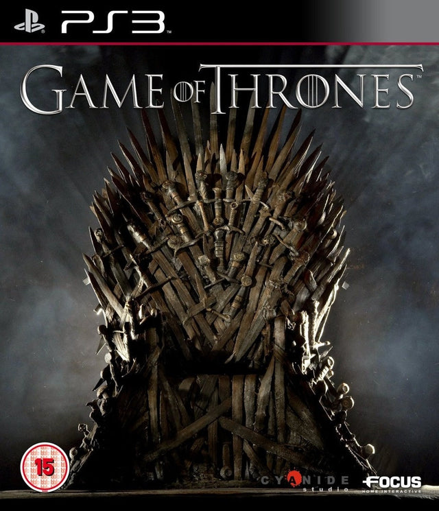 PlayStation 3 Game of Thrones van Focus, donkere doos voorkant met troon van zwaarden, Britse BBFC-uitgave