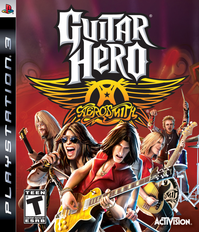 PlayStation 3 Guitar Hero Aerosmith van Activision, doos voorkant met getekende band, Amerikaanse ESRB-uitgave