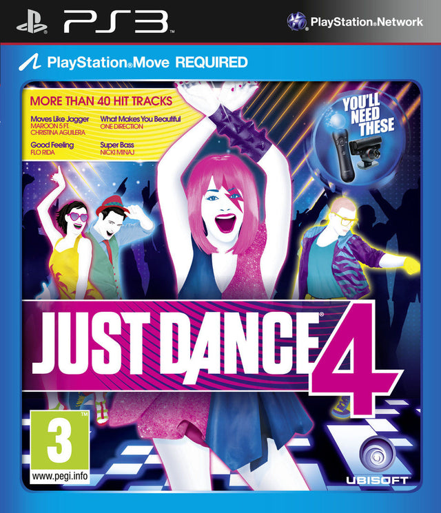PlayStation 3 Just Dance 4 van Ubisoft, paarse doos voorkant met danseres met roze haar, tweedehands