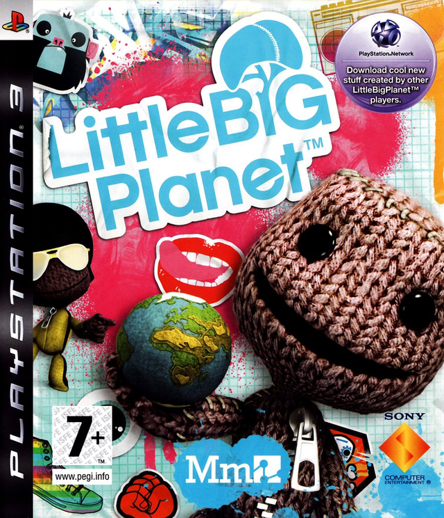 PlayStation 3 LittleBigPlanet van Sony en Media Molecule, doos voorkant met Sackboy en stickers, tweedehands