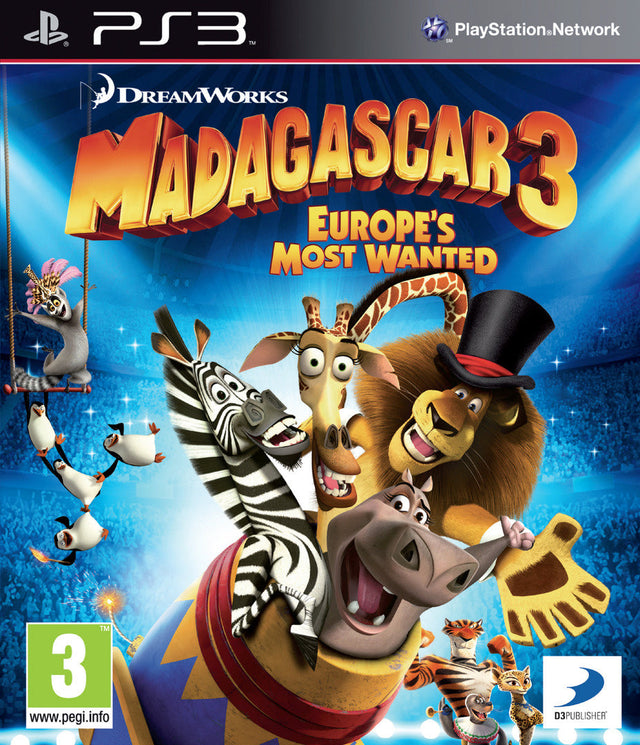 PlayStation 3 Madagascar 3 Europe's Most Wanted van D3 Publisher, blauwe doos voorkant met circusdieren, tweedehands