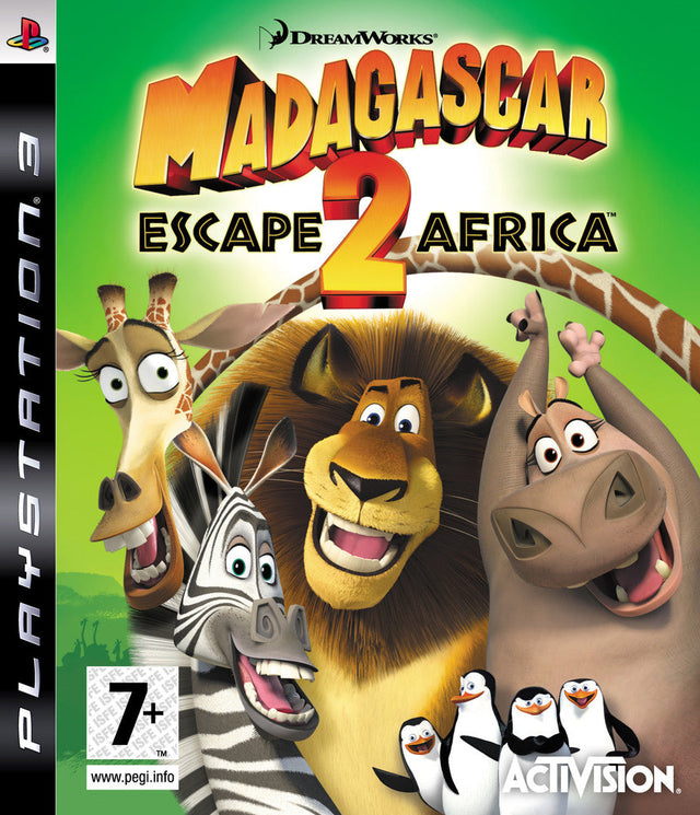 PlayStation 3 Madagascar Escape 2 Africa van Activision, groene doos voorkant met leeuw, zebra, giraf en nijlpaard
