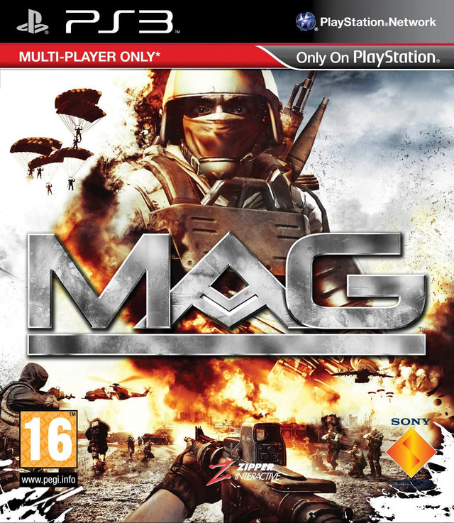 PlayStation 3 MAG van Sony en Zipper Interactive, doos voorkant met soldaat met gasmasker en parachutisten, tweedehands
