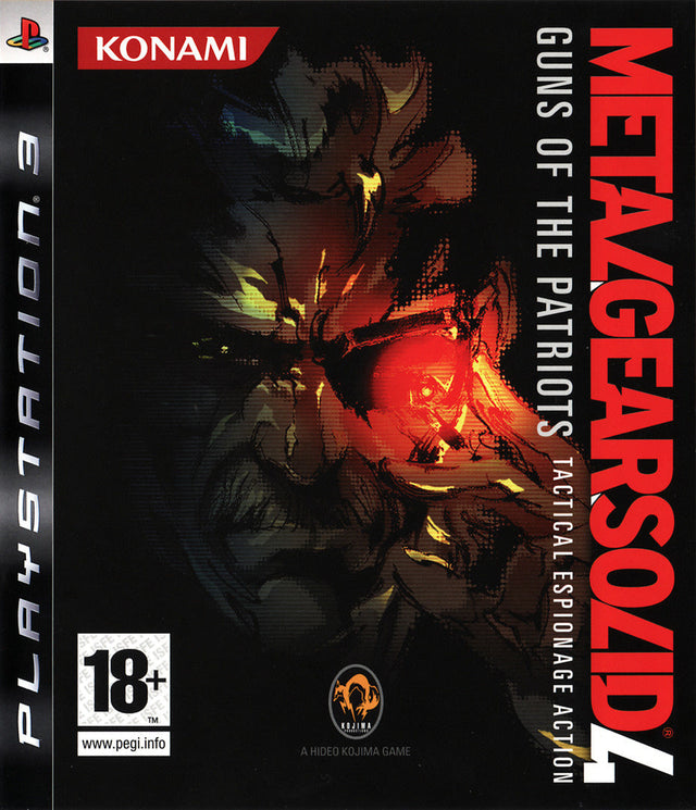 PlayStation 3 Metal Gear Solid 4 Guns of the Patriots van Konami, zwarte doos voorkant met gezicht met rood oog, tweedehands