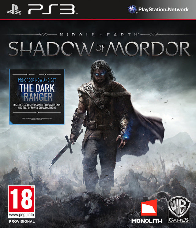 PlayStation 3 Middle-Earth Shadow of Mordor, doos voorkant met pre-order-opdruk The Dark Ranger, tweedehands