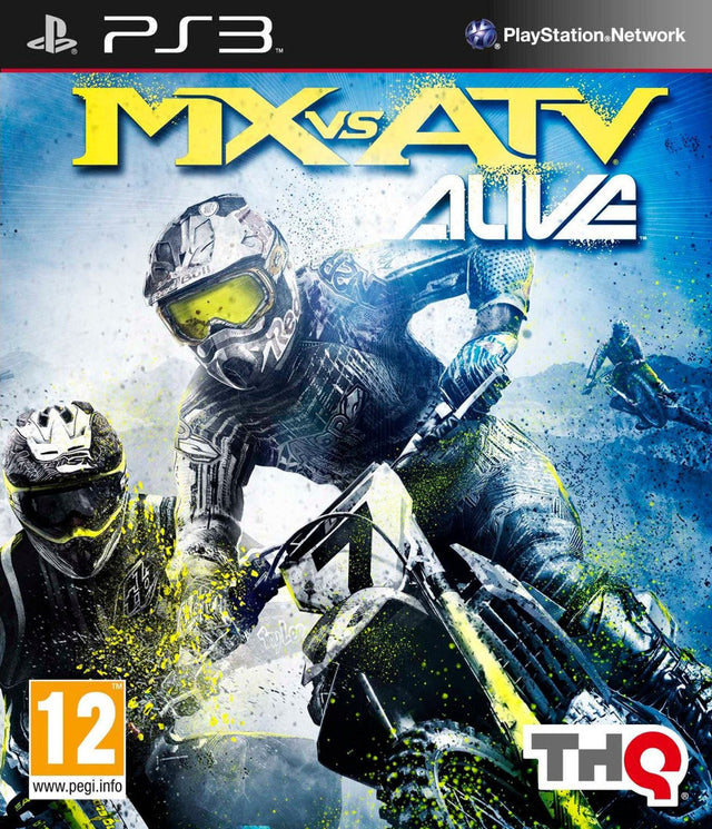 PlayStation 3 MX vs. ATV Alive van THQ, blauwe doos voorkant met motorcrosser met stofbril, tweedehands
