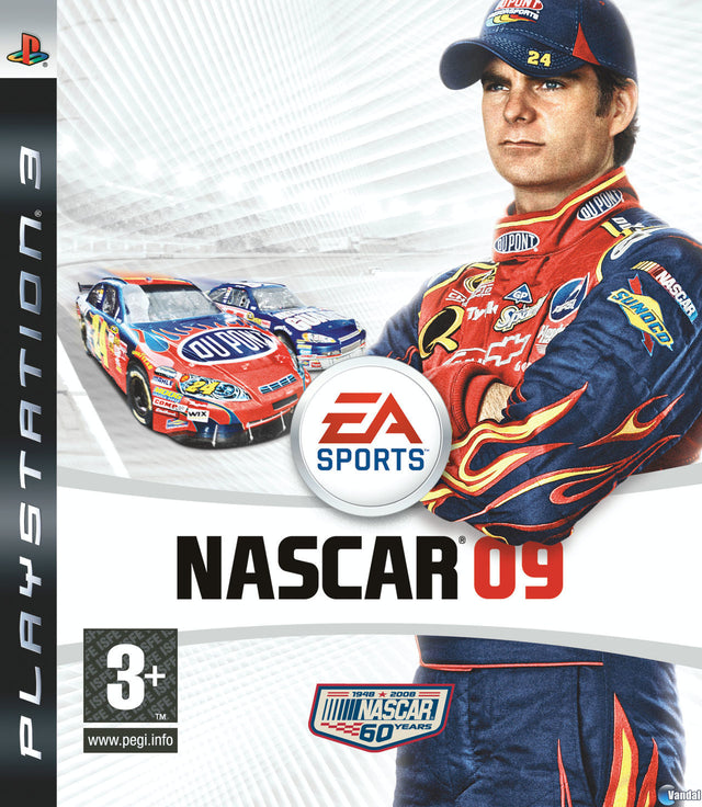 PlayStation 3 NASCAR 09 van EA Sports, doos voorkant met coureur in racepak en stockcars, tweedehands