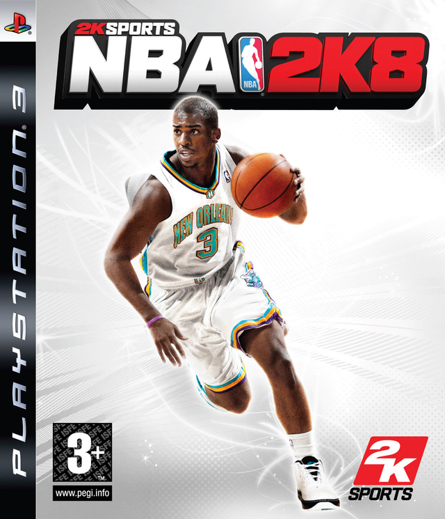 PlayStation 3 NBA 2K8 van 2K Sports, doos voorkant met dribbelende basketballer in wit shirt, tweedehands