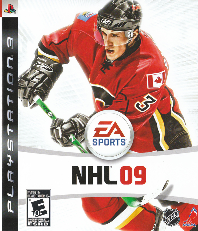 PlayStation 3 NHL 09 van EA Sports, doos voorkant met ijshockeyer in rood shirt, Noord-Amerikaanse ESRB-uitgave