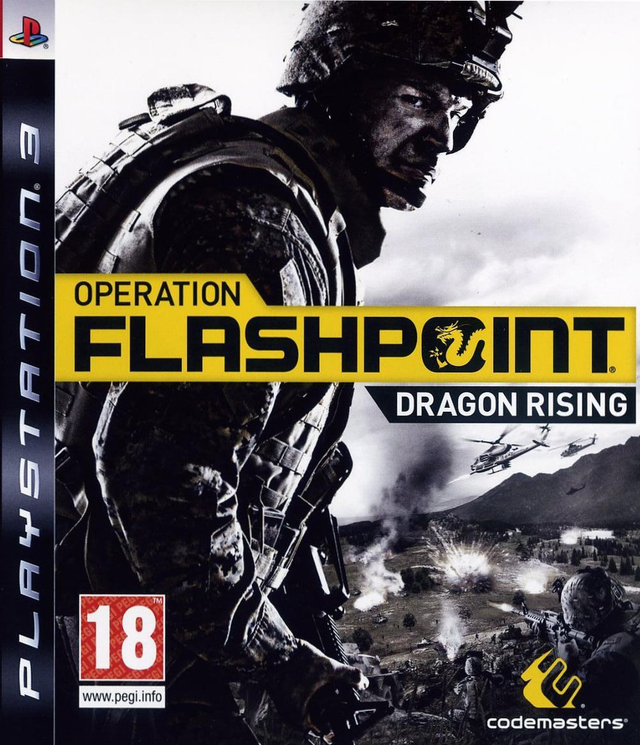PlayStation 3 Operation Flashpoint Dragon Rising van Codemasters, doos voorkant met soldaat en helikopters, tweedehands