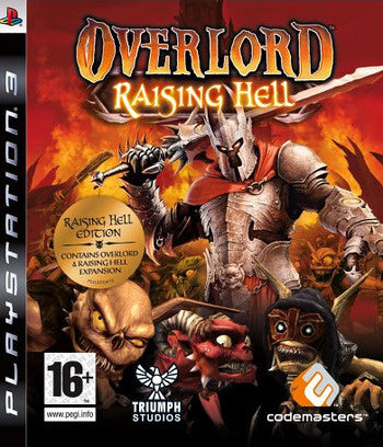 PlayStation 3 Overlord Raising Hell van Codemasters, rode doos voorkant met krijger in harnas en monsters, tweedehands