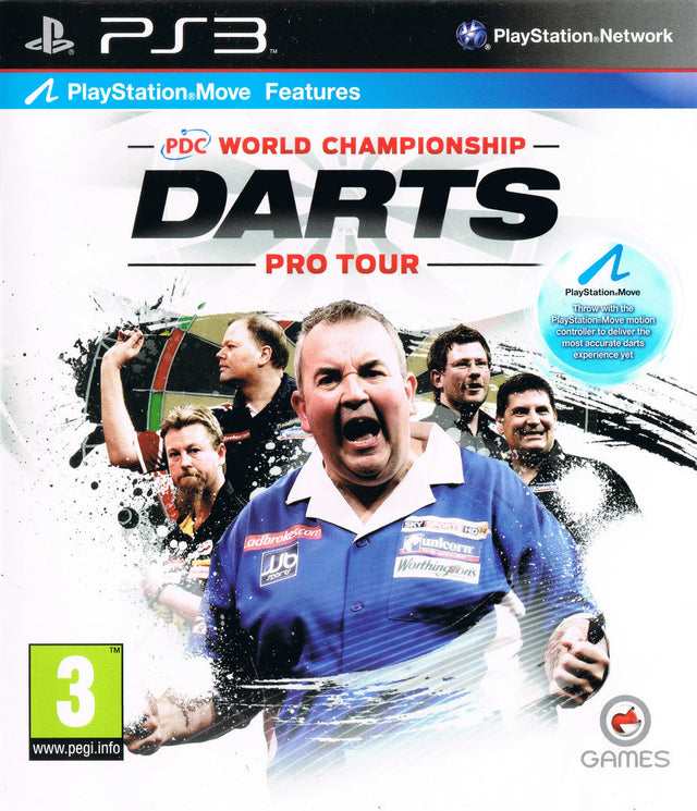 PlayStation 3 PDC World Championship Darts Pro Tour, witte doos voorkant met juichende dartspelers, tweedehands