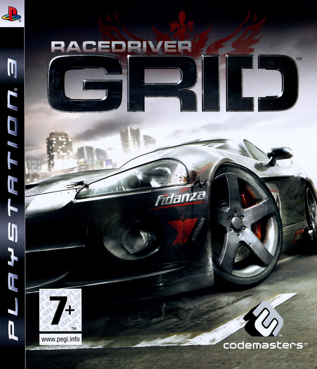 PlayStation 3 Race Driver GRID van Codemasters, doos voorkant met zilveren raceauto, tweedehands