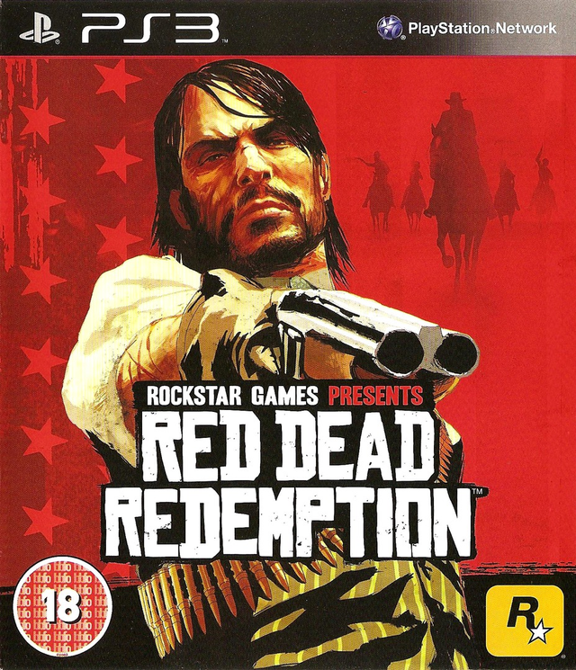 PlayStation 3 Red Dead Redemption van Rockstar, doos voorkant met cowboy met geweer, Britse uitgave met BBFC-label