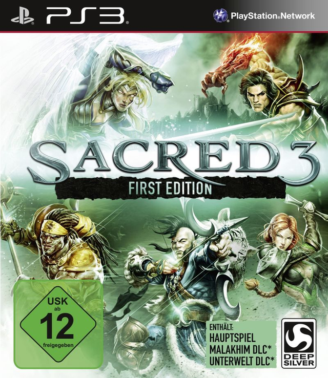PlayStation 3 Sacred 3 First Edition van Deep Silver, groene doos voorkant met helden, Duitse tekst en USK 12-label