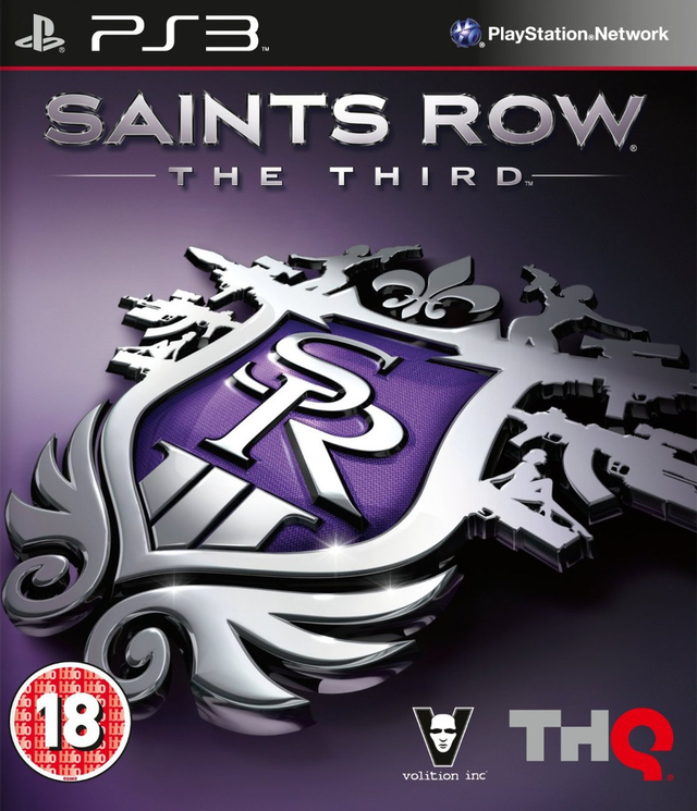 PlayStation 3 Saints Row The Third van THQ, paarse doos voorkant met zilveren Saints-logo, Britse BBFC-uitgave