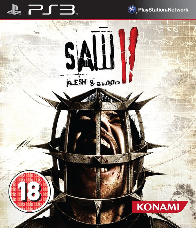 PlayStation 3 Saw II Flesh & Blood van Konami, doos voorkant met man in een ijzeren kooimasker, Britse BBFC 18-uitgave