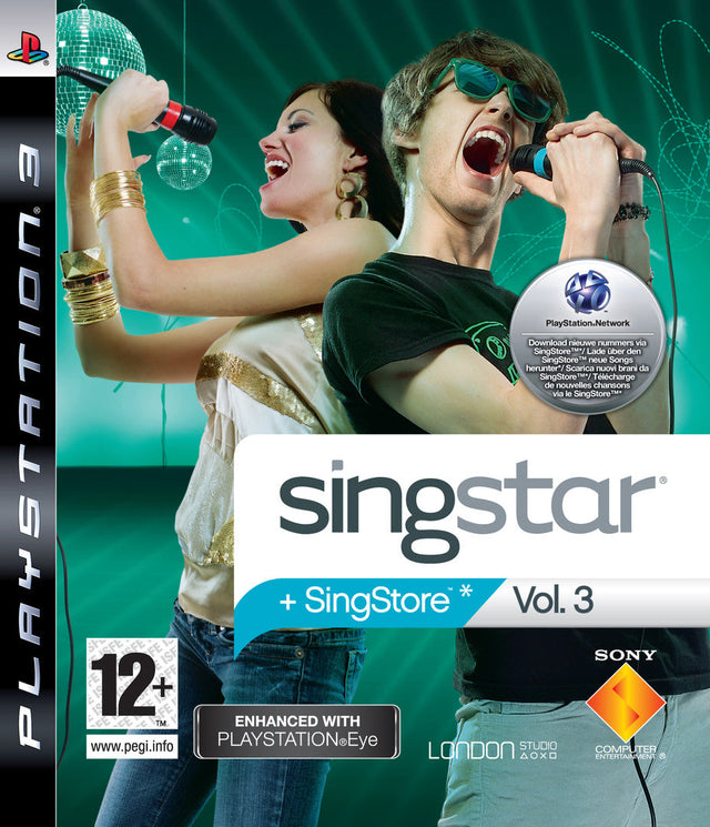 PlayStation 3 SingStar Vol. 3 van Sony, groene doos voorkant met zingende vrouw en man met microfoons, tweedehands
