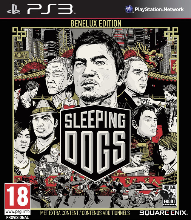 PlayStation 3 Sleeping Dogs Benelux Edition, doos voorkant met getekende gangsters rond het logo, voorlopige hoes