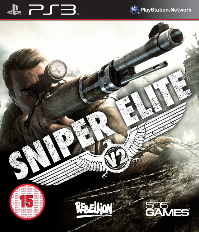 PlayStation 3 Sniper Elite V2 van Rebellion en 505 Games, doos voorkant met sluipschutter met geweer, Britse BBFC-uitgave