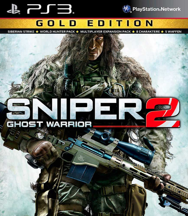 PlayStation 3 Sniper Ghost Warrior 2 Gold Edition, doos voorkant met een sluipschutter in camouflagepak, Duitstalige doos