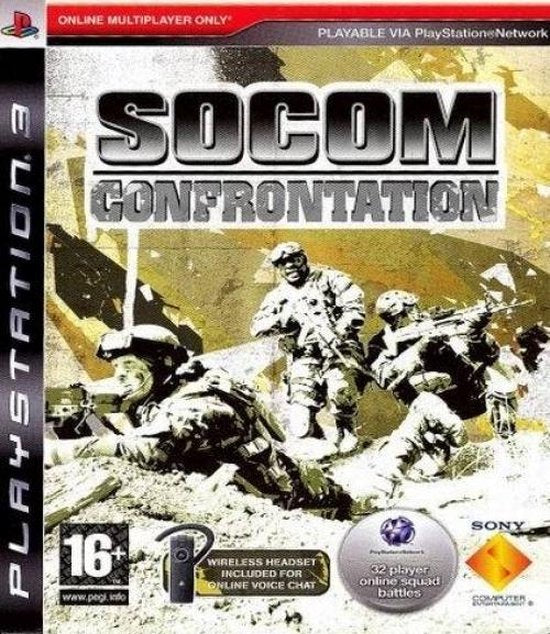 PlayStation 3 SOCOM Confrontation, doos voorkant met soldaten in de woestijn en een headset-sticker