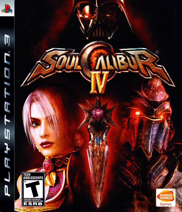 PlayStation 3 Soul Calibur IV van Bandai Namco, doos voorkant met zwarte helm en twee vechters, ESRB-uitgave