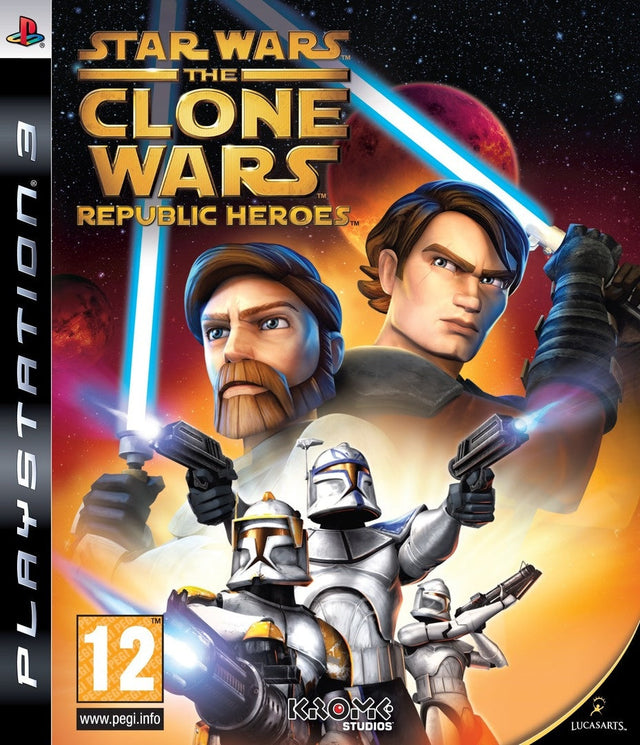 PlayStation 3 Star Wars The Clone Wars Republic Heroes van LucasArts, doos voorkant met jedi's en clonetroopers, tweedehands