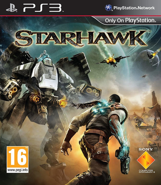 PlayStation 3 Starhawk van Sony, doos voorkant met man met gloeiende arm en gevechtsrobot, tweedehands