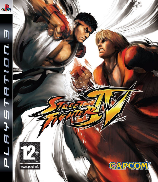 PlayStation 3 Street Fighter IV van Capcom, witte doos voorkant met twee vechters die elkaar slaan, tweedehands