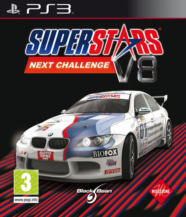 PlayStation 3 Superstars V8 Next Challenge van Black Bean, zwarte doos voorkant met witte BMW-raceauto, tweedehands