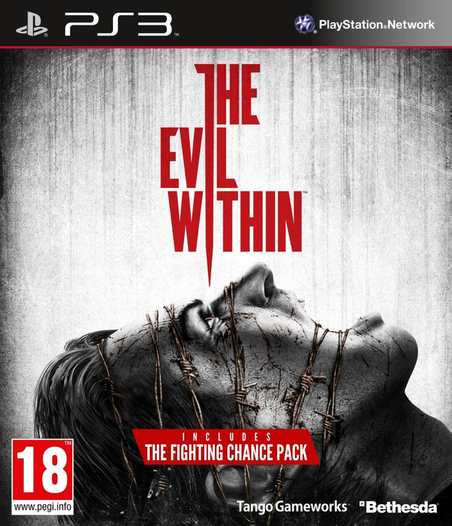 PlayStation 3 The Evil Within van Bethesda, doos voorkant met hoofd omwikkeld met prikkeldraad, tweedehands