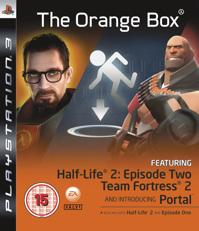 PlayStation 3 The Orange Box, doos voorkant met Brits BBFC 15-label, tweedehands