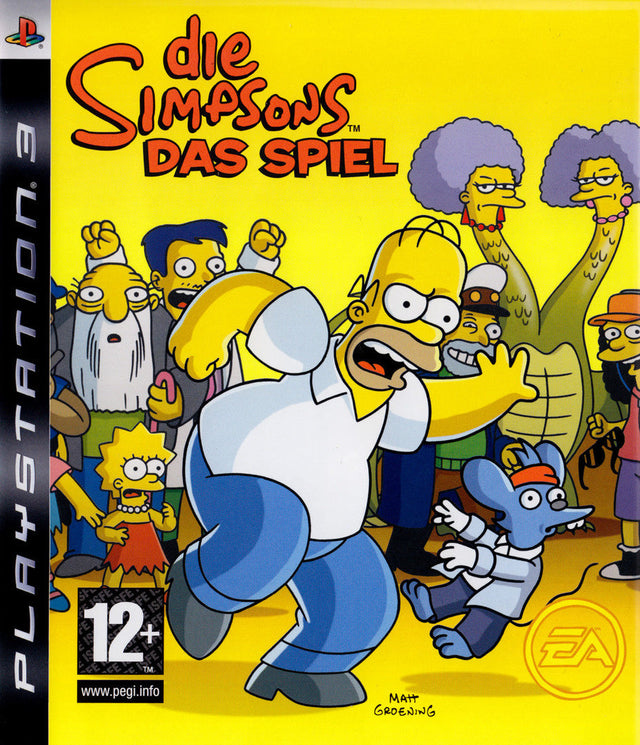 PlayStation 3 The Simpsons Game van EA, gele doos voorkant met Simpsons-figuren, Duitse uitgave Die Simpsons Das Spiel