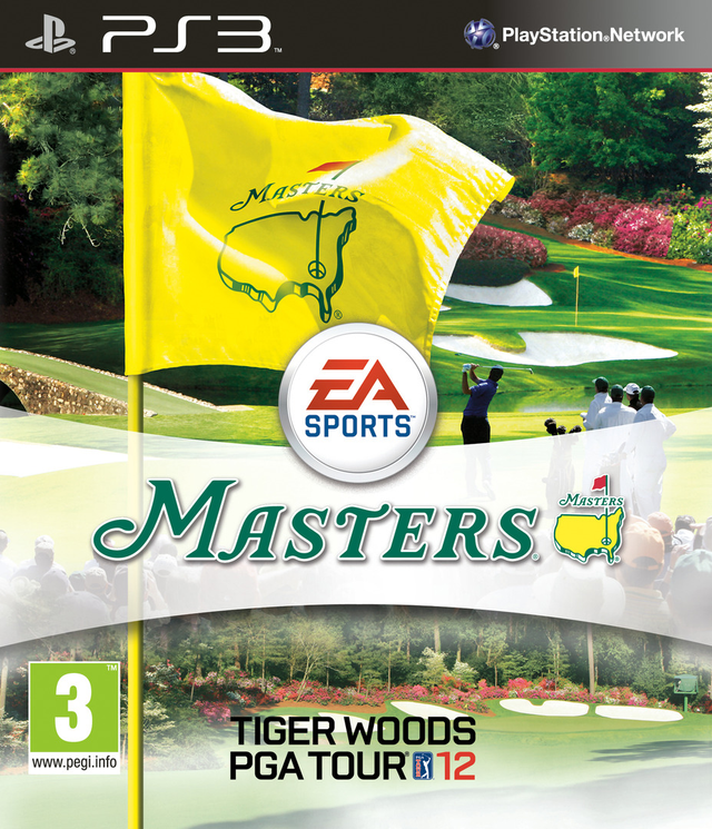 PlayStation 3 Tiger Woods PGA Tour 12 The Masters van EA Sports, doos voorkant met gele Masters-vlag op de green, tweedehands