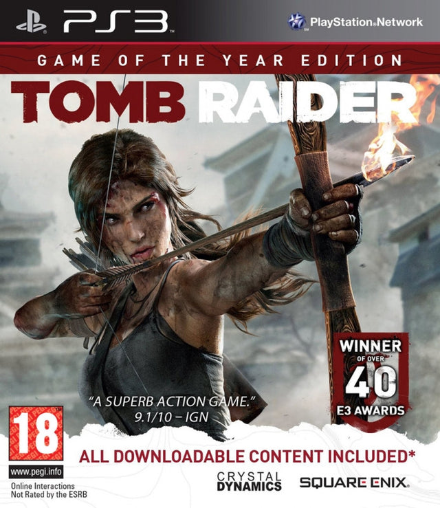 PlayStation 3 Tomb Raider Game of the Year Edition, witte doos voorkant met een vrouw die een brandende pijl spant