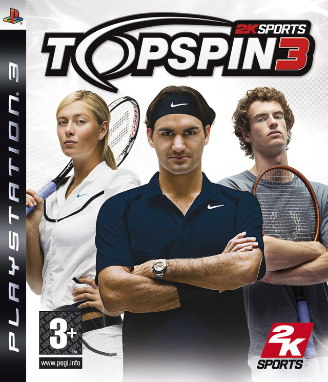 PlayStation 3 Top Spin 3 van 2K Sports, doos voorkant met drie tennisspelers, tweedehands