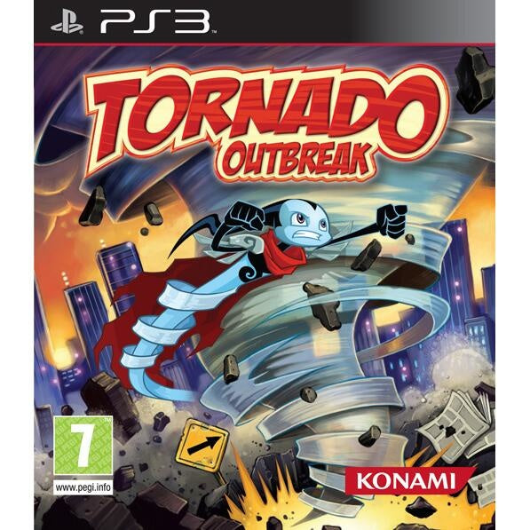 PlayStation 3 Tornado Outbreak van Konami, doos voorkant met blauwe figuur in een tornado, tweedehands