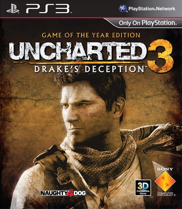 PlayStation 3 Uncharted 3 Drake's Deception Game of the Year Edition, doos voorkant met een man met sjaal in de woestijn