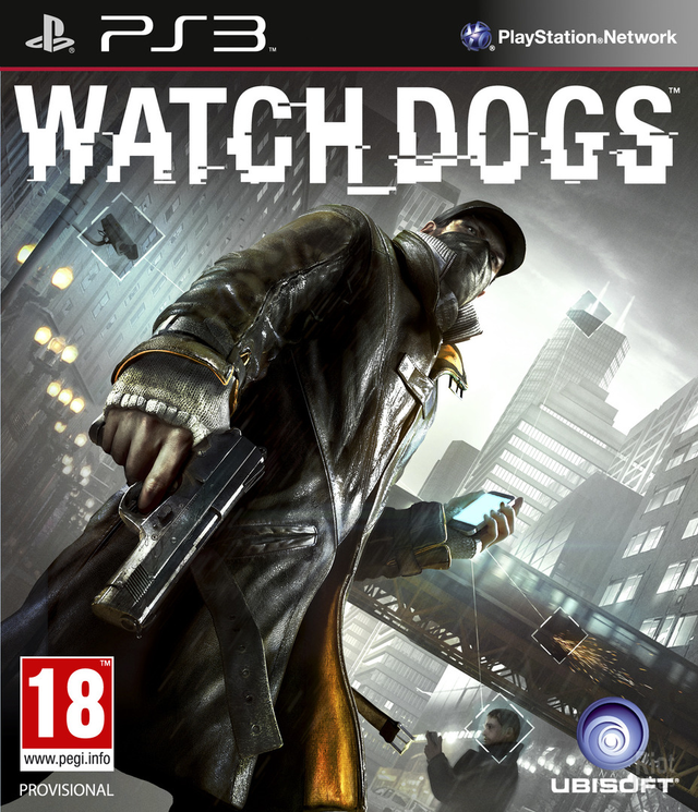 PlayStation 3 Watch Dogs van Ubisoft, voorlopige doos voorkant met man met pet en telefoon boven de stad