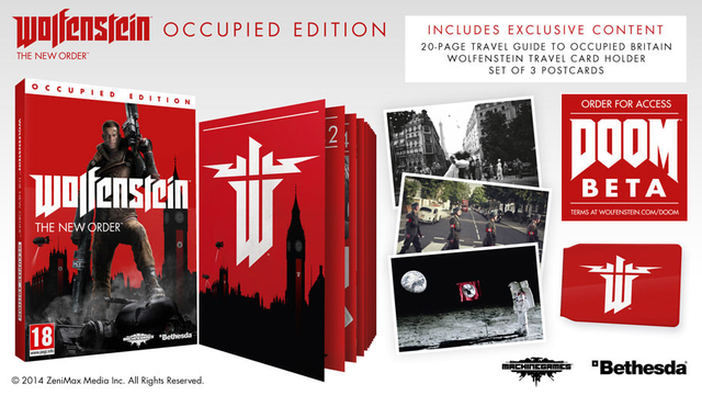 PlayStation 3 Wolfenstein The New Order Occupied Edition, reclamebeeld van de inhoud met doos, reisgids en ansichtkaarten