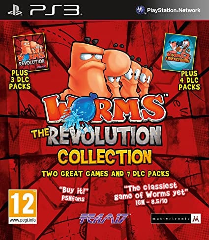PlayStation 3 Worms Revolution Collection van Team17, rode doos voorkant met wormen, twee spellen en 7 DLC-pakketten