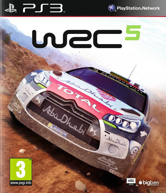 PlayStation 3 WRC 5 van Bigben, doos voorkant met witte rallyauto op een onverharde weg, tweedehands