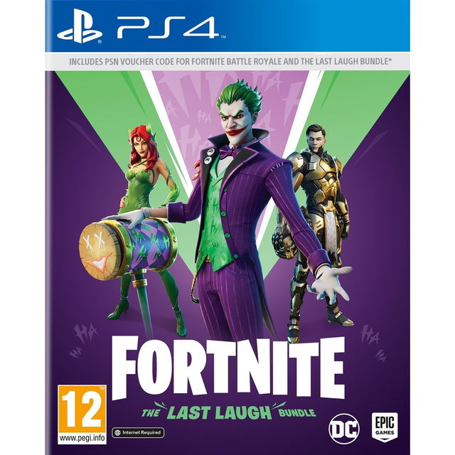 PlayStation 4 Fortnite The Last Laugh Bundle, doos voorkant met de Joker, Poison Ivy en een held, tweedehands
