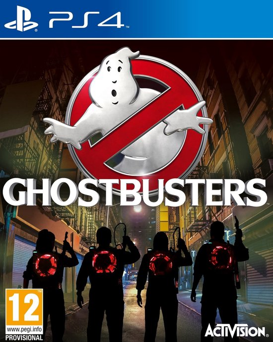 PlayStation 4 Ghostbusters van Activision, voorlopige doos voorkant met logo en vier silhouetten in een steeg, tweedehands