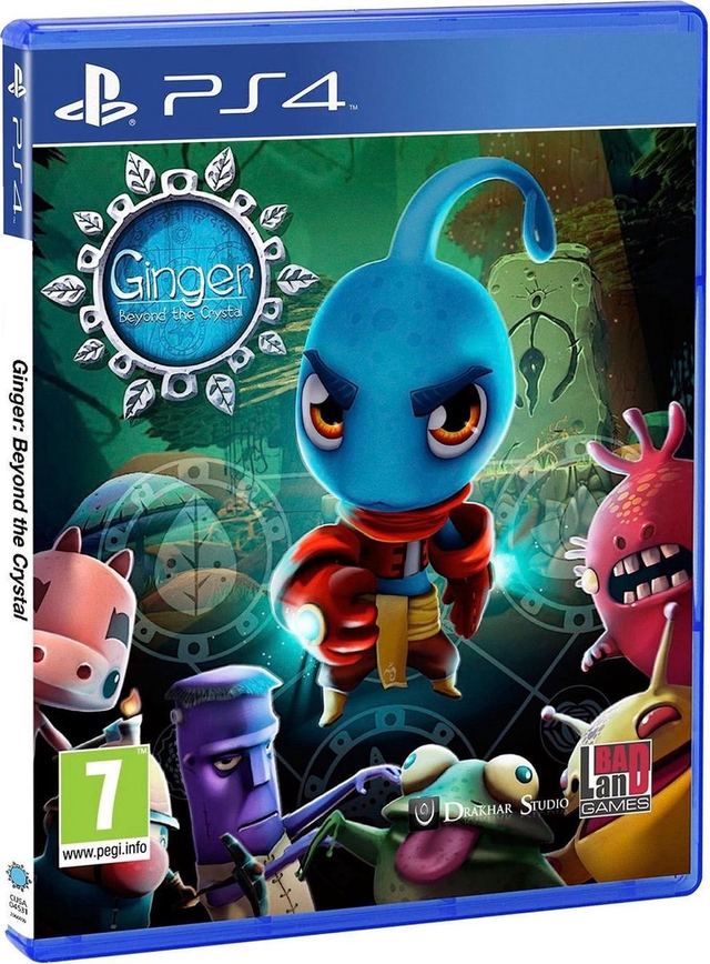 PlayStation 4 Ginger Beyond the Crystal, doos voorkant met blauw figuurtje en monsters, tweedehands