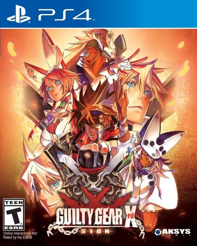 PlayStation 4 Guilty Gear Xrd Sign van Aksys, doos voorkant met animevechters, Amerikaanse ESRB-uitgave