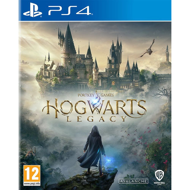 PlayStation 4 Hogwarts Legacy, doos voorkant met een figuur in een mantel voor een kasteel