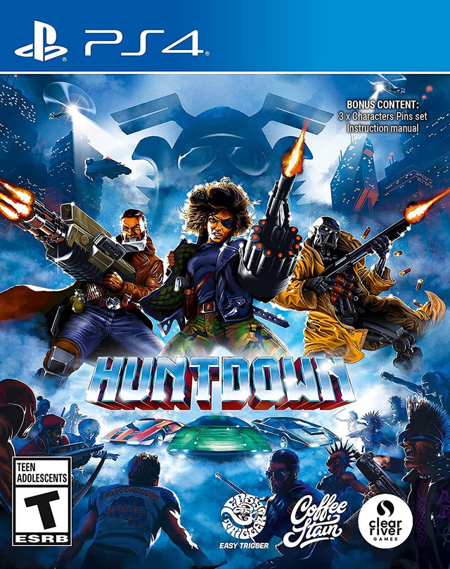 PlayStation 4 Huntdown, doos voorkant met drie gewapende premiejagers, ESRB-uitgave