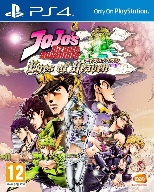 PlayStation 4 JoJo's Bizarre Adventure Eyes of Heaven van Bandai Namco, doos voorkant met een groep helden, tweedehands